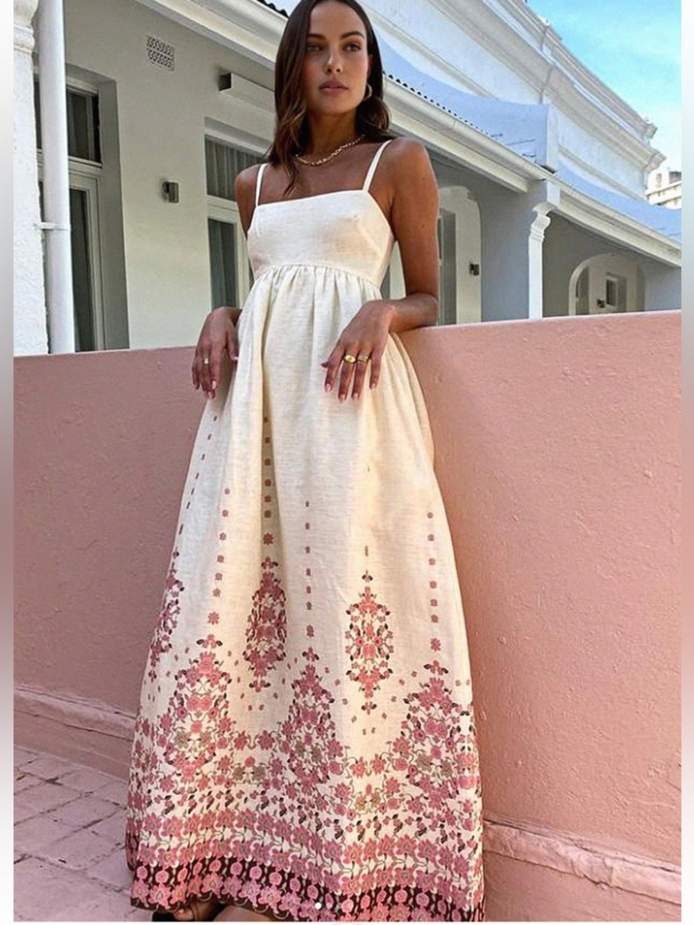 Commense Cream Maxi Dress with Pink Floral Border